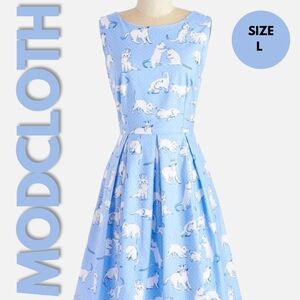 RARE ModCloth/Bea & Dot Blue Playful Kitten Print Dress Size L